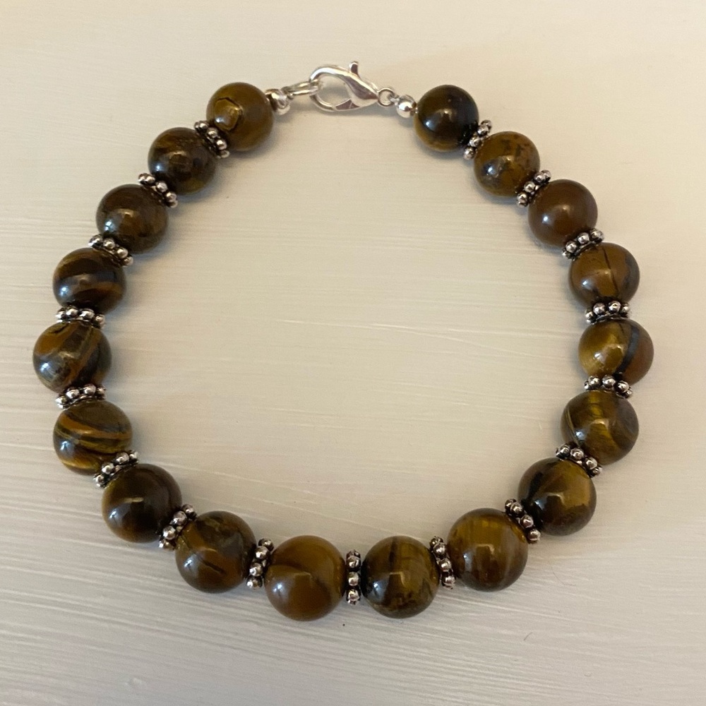 Genuine 8mm Tiger Eye and Silver Tone Accents Bracelet